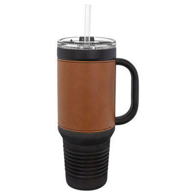 Personalized 40 oz. Black with Engraved Leatherette Travel Mugs - Rawhide - Lazerworx