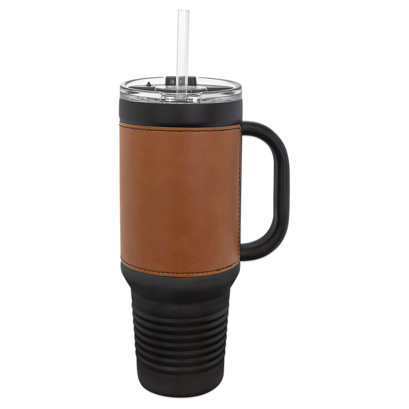 Personalized 40 oz. Black with Engraved Leatherette Travel Mugs - Rawhide - Lazerworx