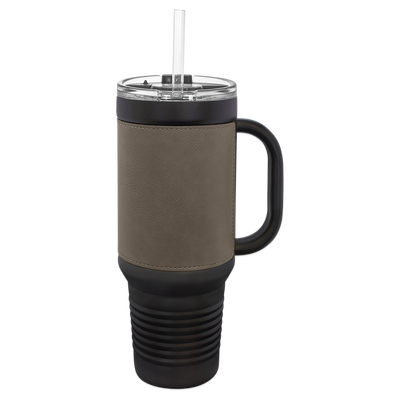 Personalized 40 oz. Black with Engraved Leatherette Travel Mugs - Gray - Lazerworx