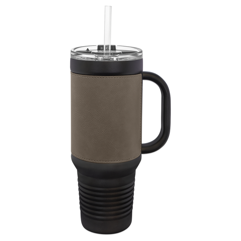 Personalized 40 oz. Black with Engraved Leatherette Travel Mugs - Gray - Lazerworx