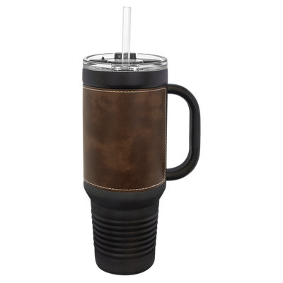 Personalized 40 oz. Black with Engraved Leatherette Travel Mugs - Rustic - Lazerworx