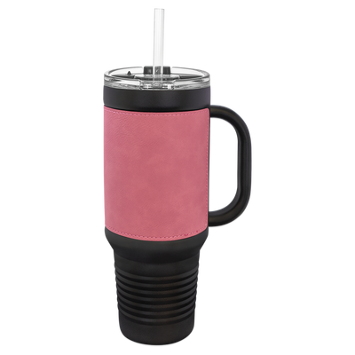 Personalized 40 oz. Black with Engraved Leatherette Travel Mugs - Pink - Lazerworx