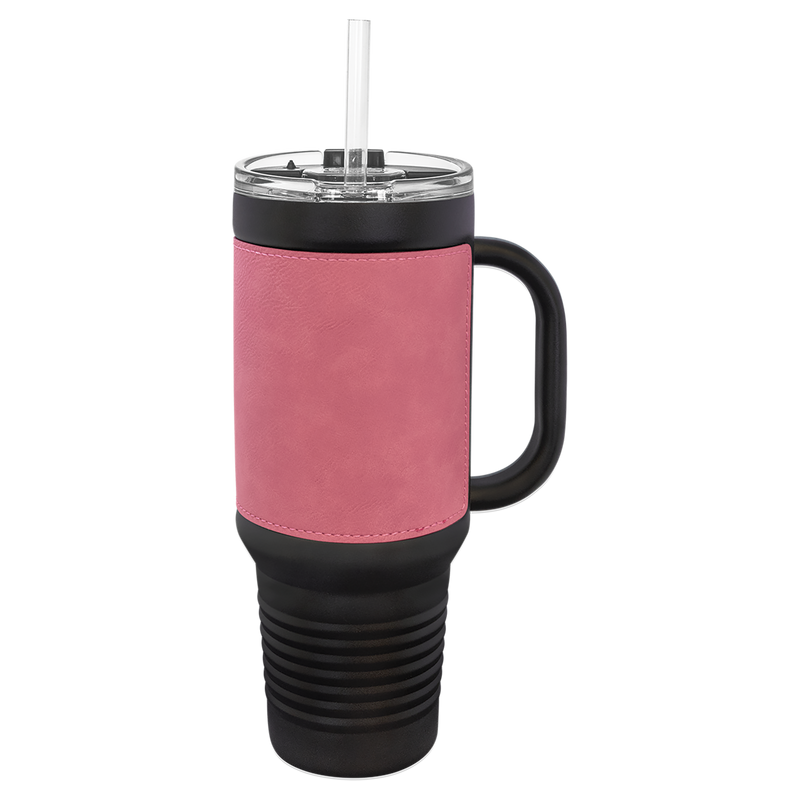 Personalized 40 oz. Black with Engraved Leatherette Travel Mugs - Pink - Lazerworx