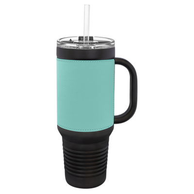 Personalized 40 oz. Black with Engraved Leatherette Travel Mugs - Teal - Lazerworx