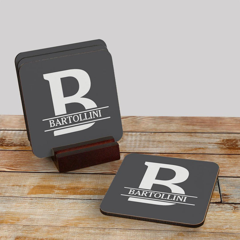 Personalized Family Name through initial 4 COASTERS AND STAND - - Gifts For You Now