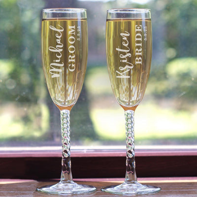 Personalized Bride and Groom Twisted Stem Flute Set - - Gifts For You Now