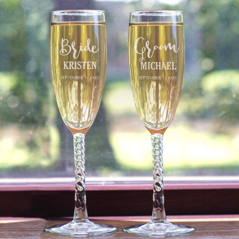 Personalized Bride and Grooms Twisted Stem Flute Set - - Gifts For You Now