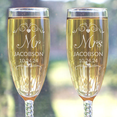 Personalized Mr and Mrs ornate heart flourish Twisted Stem Flute SET OF 2 - - Gifts For You Now