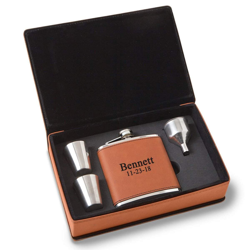 Personalized Rawhide Flask Set - 2Lines - Lazerworx