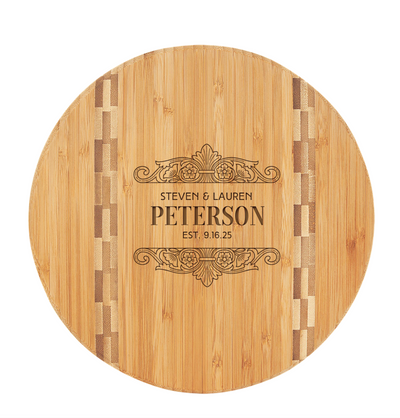 Personalized 9.75" Round Bamboo Cutting Board with Butcher Block Inlay