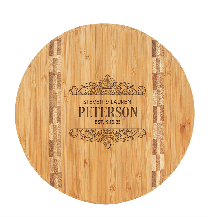 Personalized 9.75" Round Bamboo Cutting Board with Butcher Block Inlay