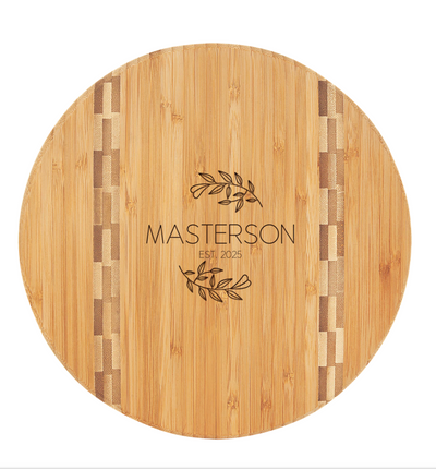 Personalized 9.75" Round Bamboo Cutting Board with Butcher Block Inlay