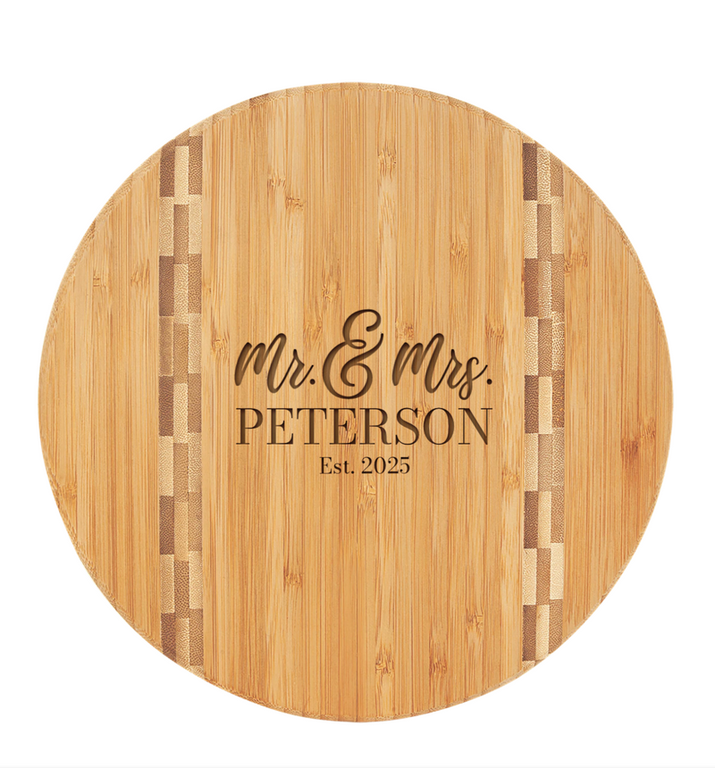 Personalized 9.75" Round Bamboo Cutting Board with Butcher Block Inlay