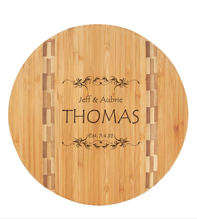 Personalized 9.75" Round Bamboo Cutting Board with Butcher Block Inlay