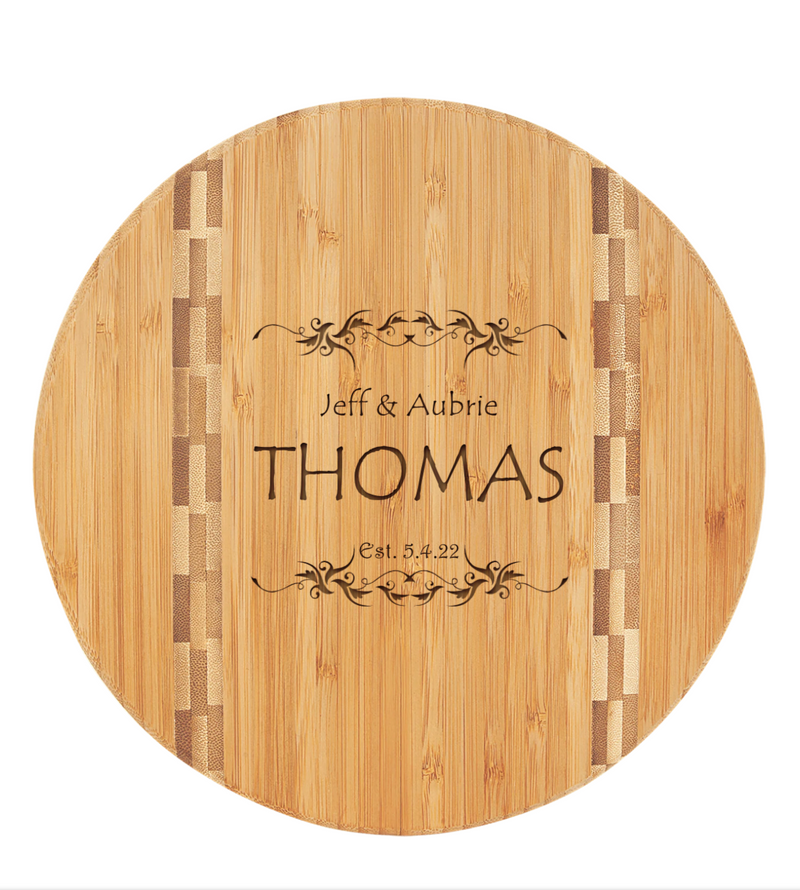 Personalized 9.75" Round Bamboo Cutting Board with Butcher Block Inlay