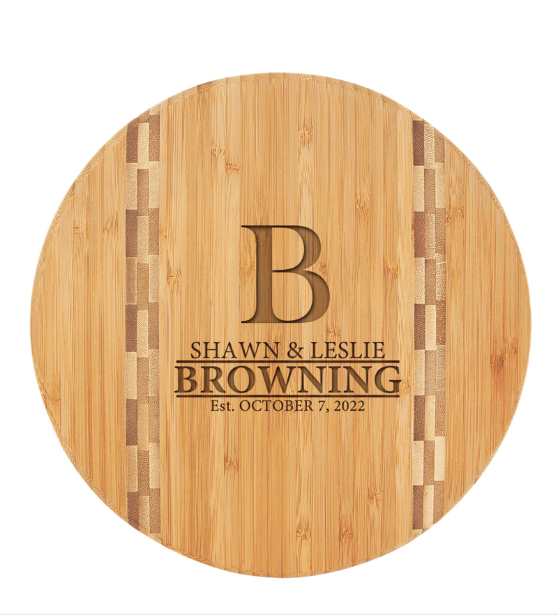 Personalized 9.75" Round Bamboo Cutting Board with Butcher Block Inlay