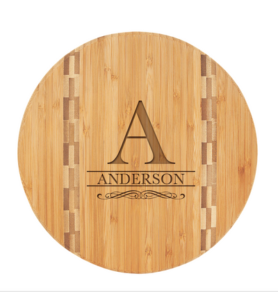 Personalized 9.75" Round Bamboo Cutting Board with Butcher Block Inlay