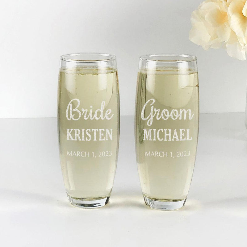 Personalized Bride and Groom Champagne Stemless Flute 9oz - - Gifts For You Now