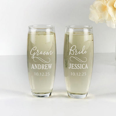 Personalized SET OF 2 Bride and Groom Script Champagne Stemless Flute 9oz - - Gifts For You Now