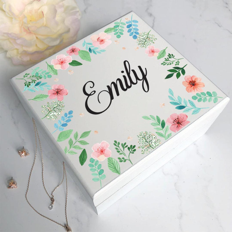 Personalized Floral Name Square Jewelry Box with Mirror - - Gifts For You Now