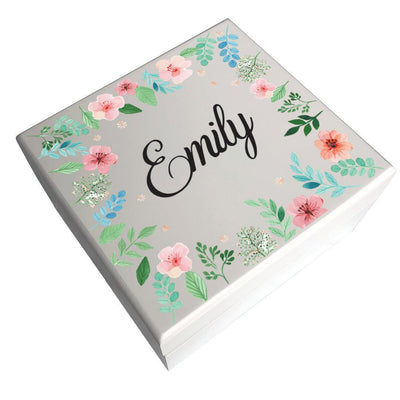 Personalized Floral Name Square Jewelry Box with Mirror - - Gifts For You Now