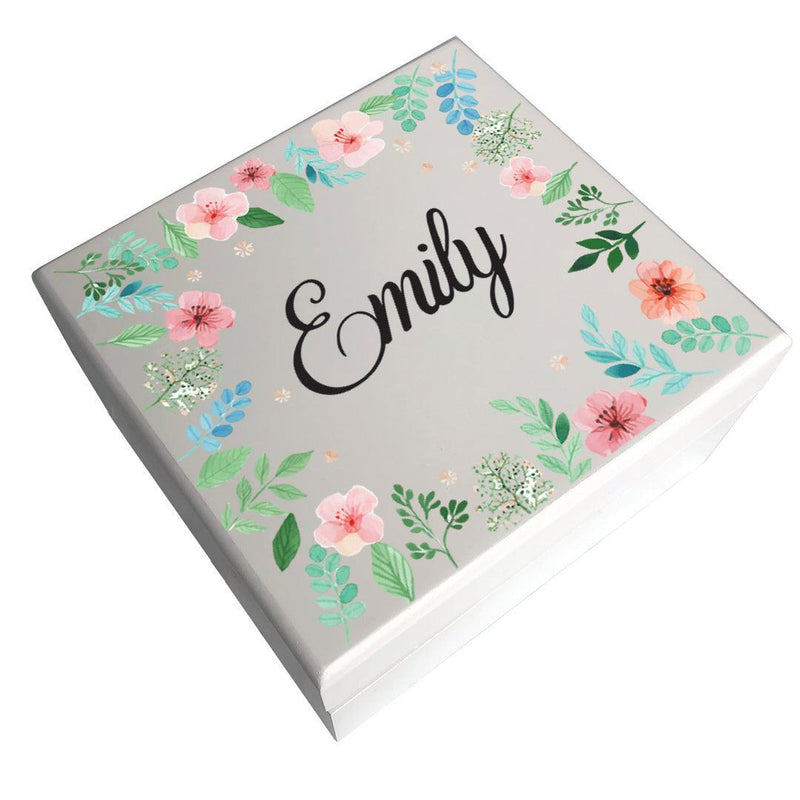 Personalized Floral Name Square Jewelry Box with Mirror - - Gifts For You Now