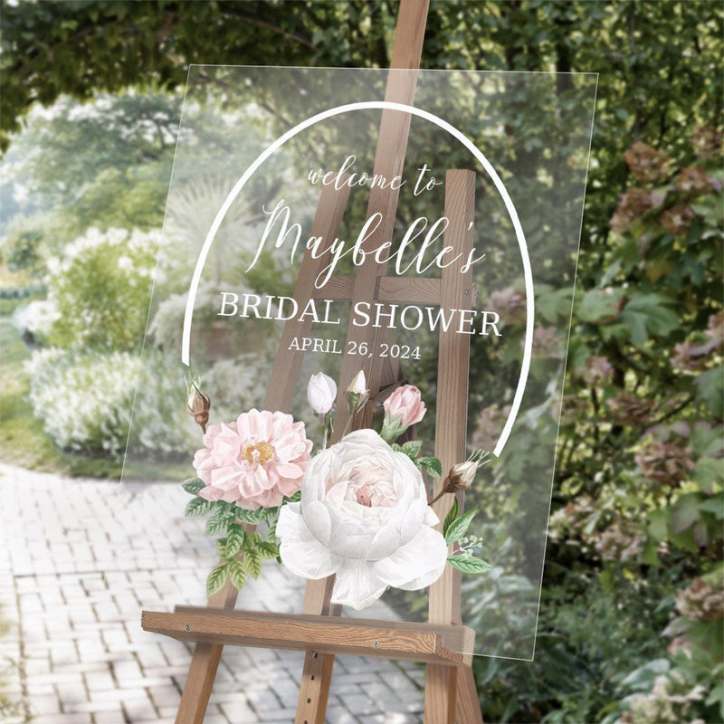 Personalized White Floral Bridal Shower Acrylic Sign - 18 x 24 - Gifts For You Now