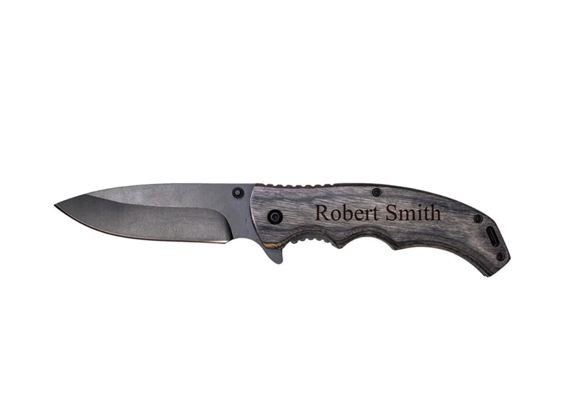 Personalized Black Blade Grey Wood Handle Knife