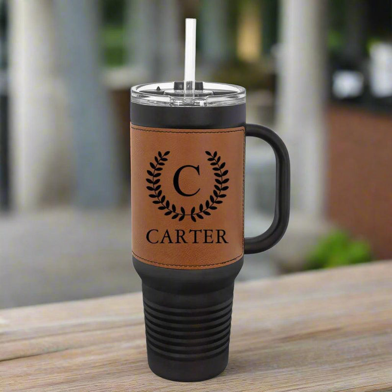 Personalized 40 oz. Black with Engraved Leatherette Travel Mugs - - Lazerworx