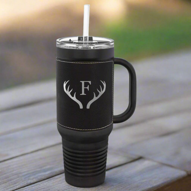 Personalized 40 oz. Black with Engraved Leatherette Travel Mugs - - Lazerworx