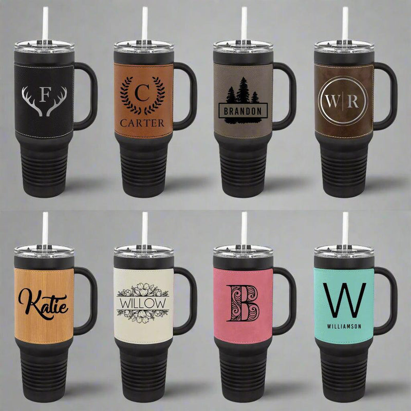 Personalized 40 oz. Black with Engraved Leatherette Travel Mugs - - Lazerworx