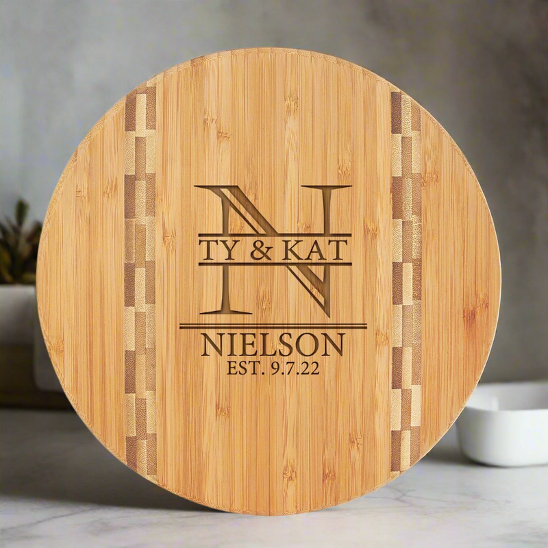 Personalized 9.75" Round Bamboo Cutting Board with Butcher Block Inlay