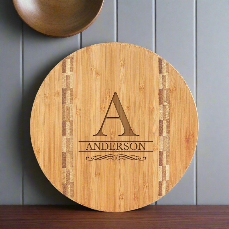 Personalized 9.75" Round Bamboo Cutting Board with Butcher Block Inlay