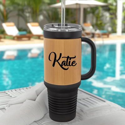 Personalized 40 oz. Black with Engraved Leatherette Travel Mugs - - Lazerworx