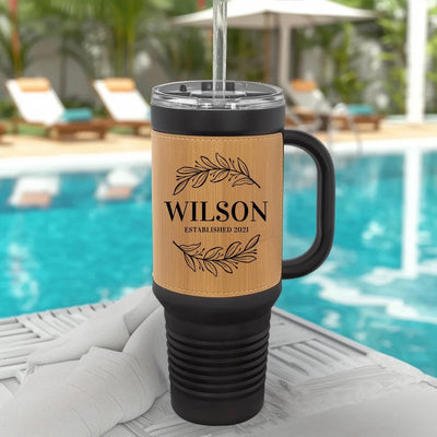 Personalized 40 oz. Black with Engraved Leatherette Travel Mugs - - Lazerworx