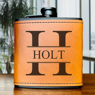 Personalized Leather Wrapped Black Flasks