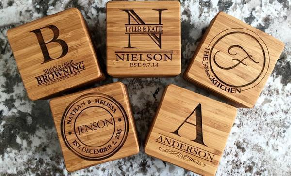 Community Wines Personalized Thick Bamboo Coasters – Set of 4 with Coaster Holder